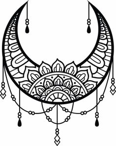 a black and white drawing of a crescent with beads hanging from it's sides