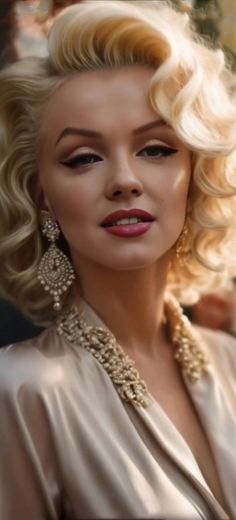 a woman with blonde hair and large earrings on her head, wearing a beige dress