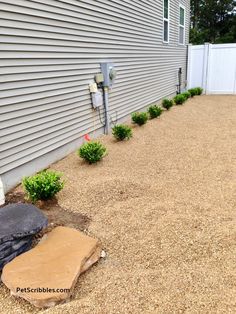 an empty yard with gravel and plants next to a house