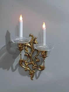 "This ornate brass double wall sconce is absolutely beautiful! It is large and heavy. It is 14 inches long, 9.5\" wide, 8\" deep, and weighs over 3 lbs. The gorgeous bobeche candle holder cups are large and heavy as well. They are 6\" wide, 2\" tall, and weigh 2 lbs. They have sparkling ribbed glass with scalloped tops. They are in great condition.  No chips or cracks. This vintage style and quality is hard to find. The daul sconce is pictured with battery-operated candlesticks and tealights. No Modern Witch Decor, Vintage Wall Candle Holders, Sconces Candle, Antique Wall Candle Holders, Diy Wall Sconces, Vintage Candle Sconces, Victorian Candle Sconces, Candle Holder Wall, Real Candles