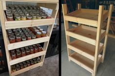 two shelves filled with jars next to each other