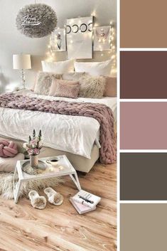 a bedroom with white walls and wooden floors is decorated in shades of gray, pink, beige