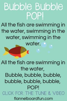 a poster with the words bubble bubble pop and an image of a fish swimming in the water