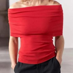 Turned-Down Straight Neck Top. Red Fitted Red Knit Top For Spring, Fitted Red Knit Top For Fall, Chic Red Knit Top For Spring, Red Knit Top For Spring, Red Fine Knit Tops For Spring, Chic Red Knit Top For Fall, Red Evening Tops For Winter, Red Fine Knit Top For Fall, Red Tops For Winter Evening