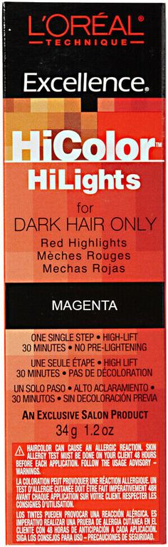 NEW HiColor RED HiLights by L'Oreal Excellence is the first highlighting series formulated for dark hair.  Rich, no-drip creme makes it easy for control of creative techniques .  True-to-shade color that resists fading. L'Oreal Excellence HiColor Red HiLights is available in Magenta and Red.  30 minute processing time No pre-lightening required Use with L'oreal Oreor Developer for best results "Developer not included". You must use this product with a developer. *All of our products are 100% aut Loreal Hicolor Red, Loreal Hicolor, Copper Hair Color, Red Highlights, Creme Color, Sally Beauty, Permanent Hair Color, Red Hair Color, Bees Knees