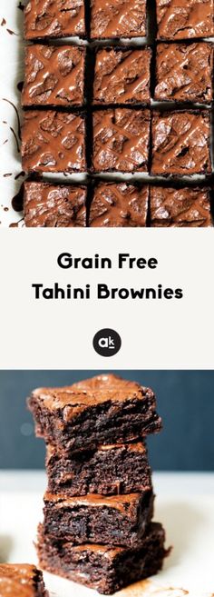 chocolate brownies stacked on top of each other with the words grain free tahitini brownies