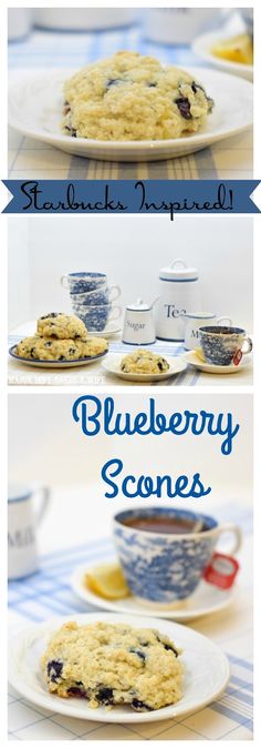 blueberry scones on a white plate next to a cup and saucer