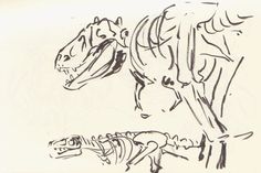 an ink drawing of a tiger and a dinosaur