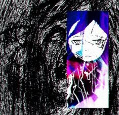 an abstract drawing of a person with purple hair and eyes looking at something in the distance