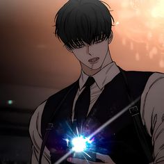 a man holding a light in his hand with an evil look on his face and chest