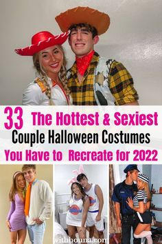 some people are dressed up in costumes and posing for the camera with text overlay that reads, 33 the hotest & sexiest couple halloween costumes you have to receive for