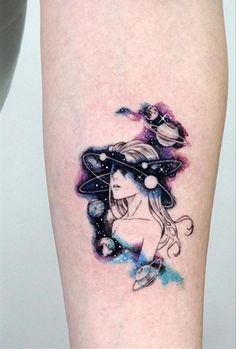 a woman with a hat on her head and planets in the sky behind her leg