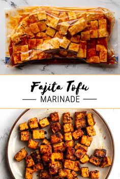 tofu marinade in a bag and on a plate next to it is an image of