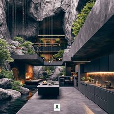 the interior of a modern house with an indoor waterfall