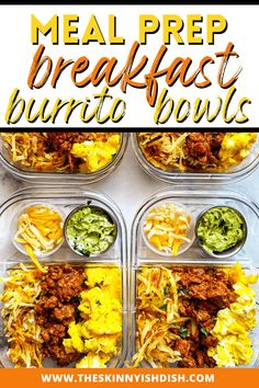 meal prep for breakfast burrito bowls with text overlay