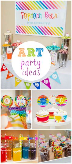 an art party with cupcakes, candy bars and desserts on the table