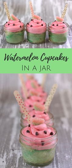 watermelon cupcakes in a jar with pink frosting and chocolate chips