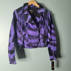 Miss Sixty Purple Fringe Suede Cropped Moto Biker Jacket Size S Nwt Purple Fringe, Moto Biker Jacket, Miss Sixty, Purple Tie Dye, Purple Tie, Biker Jacket, Purple And Black, Tie Dye, Leather Jacket