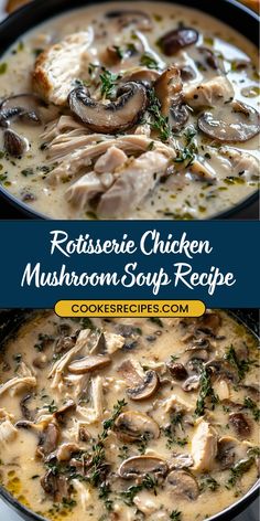 two pictures of chicken mushroom soup in a skillet