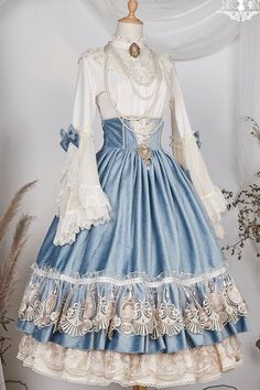 Birkenstocks Outfit, Gaun Abad Pertengahan, Old Fashion Dresses, Old Dresses, Kawaii Dress, Anime Dress, Fairytale Dress, Blue And White Dress, Fantasy Dress