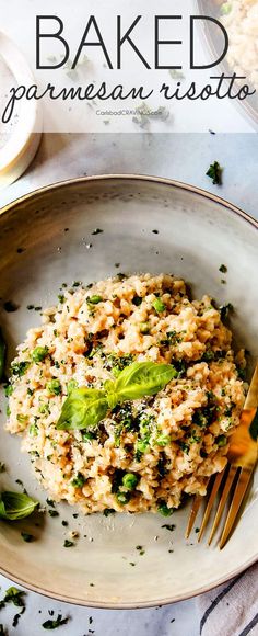 baked parmesan risotto with broccoli and herbs on a plate