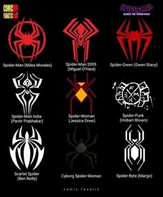 the spider - man logos are shown in red and black