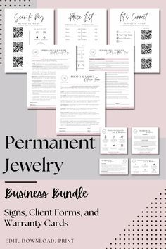 the permanent jewelry business bundle is shown on a pink background with black and white dots