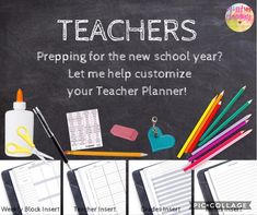 a teacher's desk with school supplies on it and the words teachers prepping for the new school year? let me help customize your teacher planner