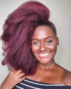 Black Hairstyles: Go Red or Go Home. A burgundy-hued, side-swept style. Click through for 21 hairstyles for natural hair of all lengths. #naturalhair #hairstyles #hairideas IG: @cocoa_curlz Burgundy Natural Hair Black Women, Natural Hair Updo Tutorial, Burgundy Natural Hair, Black Women Hair Color, Hair Updos Tutorials, Easy Updo, Natural African American Hairstyles