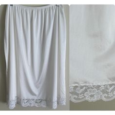 Vintage White lace Half Slip Skirt Waist: 16-20" Length: 25" In EXCELLENT pre-owned condition. Vitnage wedding lace skirt slip vintage White Scalloped Lace Skirt, Vintage White Lace Bottoms, Wedding Lace Bottoms, Lace Bottoms With Lace Trim For Wedding, White Lace Patchwork Skirt For Wedding, White Wedding Skirt With Lace Patchwork, Wedding Lace, Half Slip, Slip Skirt