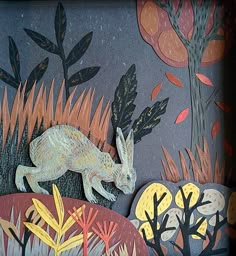 an animal painted on the side of a wall next to trees and bushes with leaves