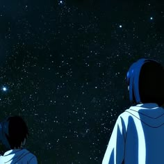 two people looking up at the stars in the night sky with no one around them