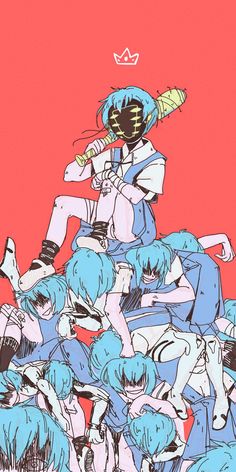 an image of a bunch of people with blue hair and one holding a baseball bat