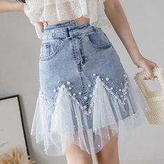 https://cf.shopee.com.my/file/4841946e766cb2b704dda49b4da61dda_tn Denim Lace Dress, Unique Skirts Design Pattern, Jean Skort, Moda Denim, Club Outfit, Streetwear Mode, Quick Outfits