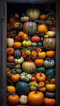 a painting of pumpkins and gourds stacked on top of eachother