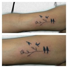 two pictures of birds sitting on a branch with flowers