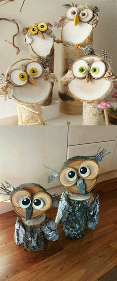 three owls made out of tree branches with eyes painted on them and one owl sitting in the middle