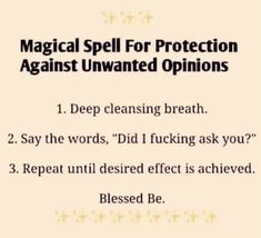 a poster with the words, magic spell for protection against unwanted opinions and an image of