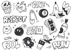 various graffiti font and symbols are shown in black and white, including one for each letter