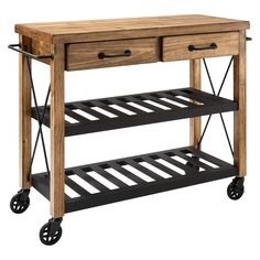 a wooden table with two drawers and wheels on the bottom shelf is shown against a white background