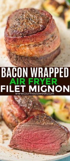 bacon wrapped air fryer filet steak on a plate