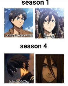 four different anime characters with the caption saying season 1 you should buy your hair