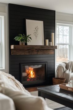 15+ Fresh Shiplap Wall Concepts to Refresh Your Living Room - H.M.G Black Shiplap Faux Fireplace, Shiplap Fireplace With Sconces, Shiplap Wall And Fireplace, Diy Shiplap Fireplace With Hearth, Shiplap Painted Walls, Diy Small Fireplace, Fireplace For Small Living Room, Black Accent Wall Living Room Fireplaces