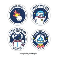 four stickers with space explorer and astronaut