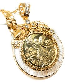 PRICES MAY VARY. Title: Fran & Co. Jewelry Gold Plated Coin Centenario Mexicano Moneda 50 Pesos Pendant Chain CZ Oro Cadena 26”. Product Type: Departments > Men > Jewelry > Necklaces Fibre And Fabric, Figaro Chains, Figaro Chain, Men Jewelry, Gold Coins, Jewelry Gold, Gold Jewelry, Coin, Gold Plate