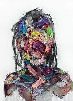 an abstract painting of a woman's face with her hands folded over her chest