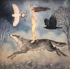 a woman standing on top of a wolf next to a bird flying over her head