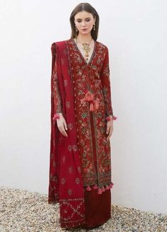 Hussain Rehar Eid Luxury Lawn Collection 2024 Rust Outfit, Dresses Asian, Asian Designers, Palazzo Suit