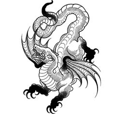 a black and white drawing of a dragon on a white background, with the tail curled up