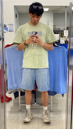 green shirt, jorts, mirror selfie, fit pic, converse outfits, converse , Denim Shorts Outfit Men Aesthetic, Men’s 90s Summer Fashion, Fits For Summer Men, Men’s Summer Fashion 2023 Shorts, Jorts Mens Outfits Aesthetic, Indie Outfits Men Summer, Ocean Aesthetic Outfit Men, Jorts Inspo Men, Summer Vibes Outfits Men